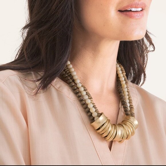 Chico's NWT Beaded Neutral Gold Tone Ring Bib Necklace - Picture 3 of 8